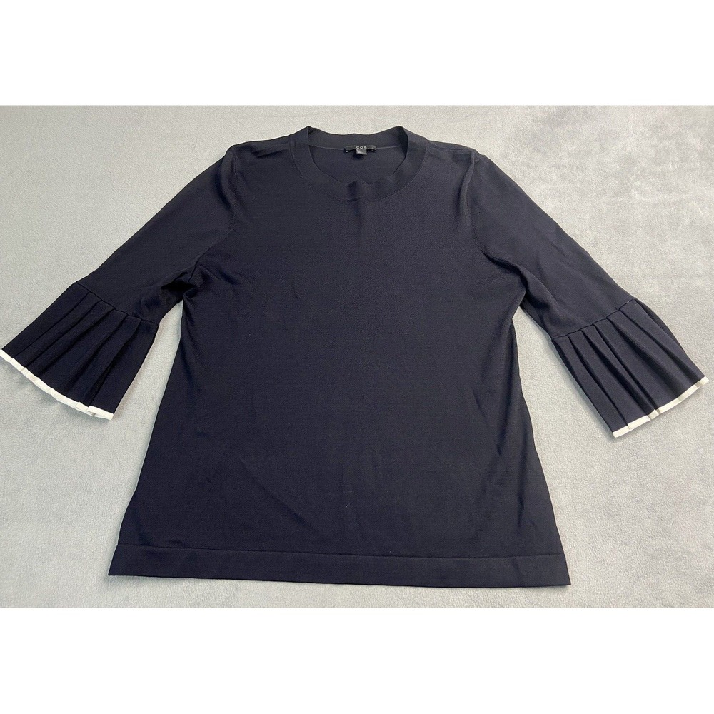 COS Top Pullover Women Medium Navy Knit Pleated Bell Sleeve White Trim Preppy